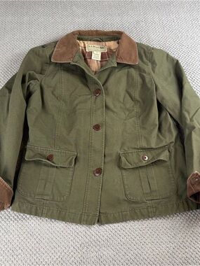 L.L. Bean Olive Green Utility Jacket chore style shorter than most chore jackets